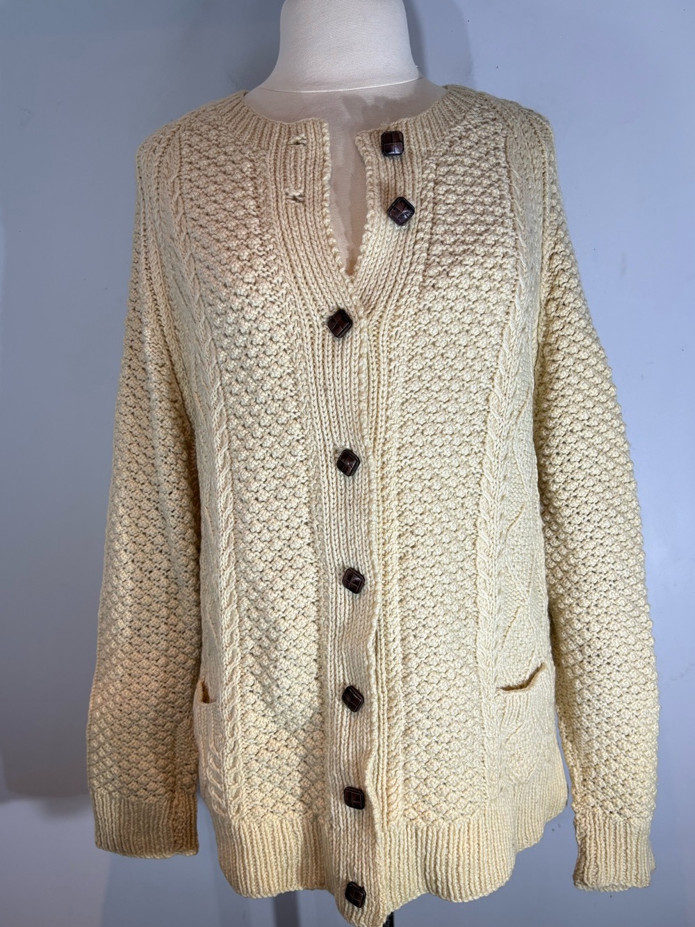 Vintage Wool Fisherman Cable Knit Cardigan Sweater XL Cream